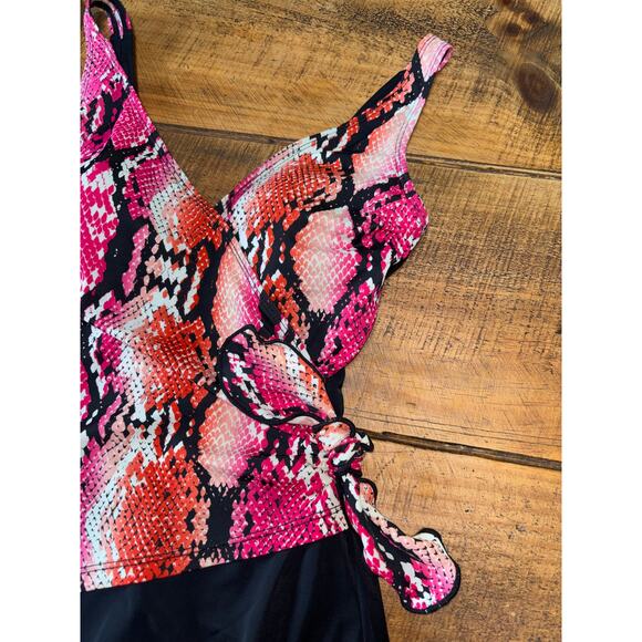 Womens Gabar Pink Orange Black Snakeskin Side Tie One Piece Swim Suit‎ Size 10 - Picture 4 of 8